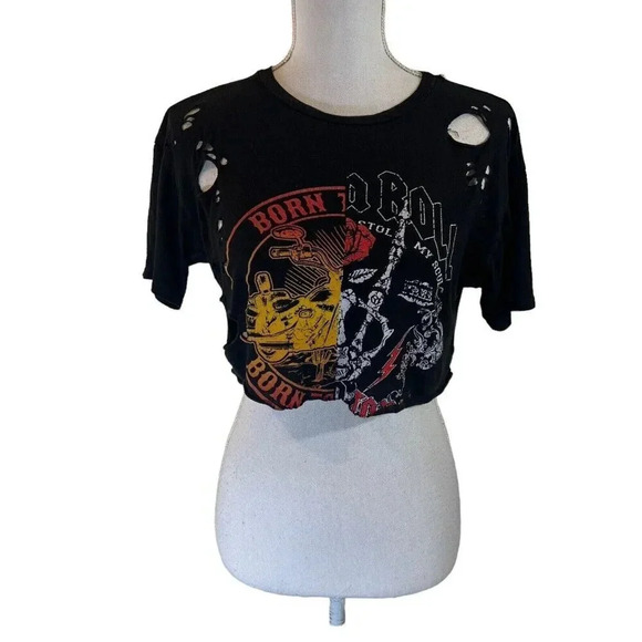 Windsor Tops - Windsor Crop Top Rock And Roll Distressed Holes Motorcycle Graphic Edgy Black